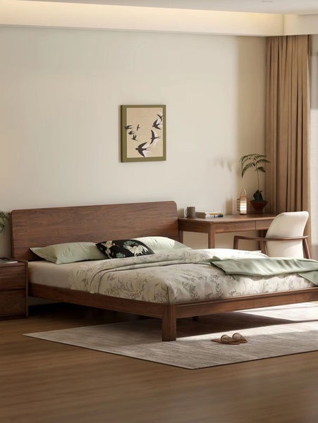 wooden bed frame, platform bed, king size bed, bedroom furniture, solid wood bed, lifestyle, calm, luxurious, neutral, brown